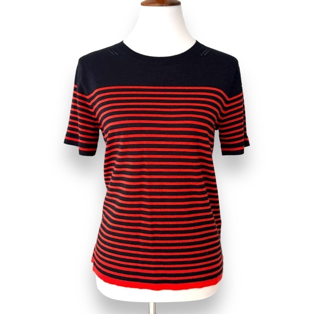🍀 Banana Republic Navy Red Stripe Merino Wool Short Sleeve Sweater Small